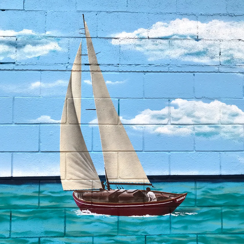 Pintura-Decorativa-Mural-Patio-Exterior-Piscina-barco-y-mar